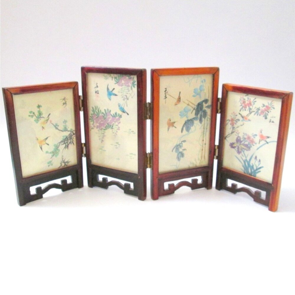 Vintage Miniature Chinese Four Panel Screen Dual Sided Hand Painted Signed 6.5"